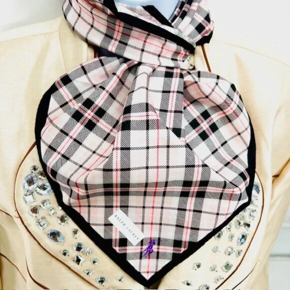 New Tag On Ralph Lauren MiniScarf/Handkerf Cotton/Silk 20" Pink Gray Black Check - Picture 3 of 13